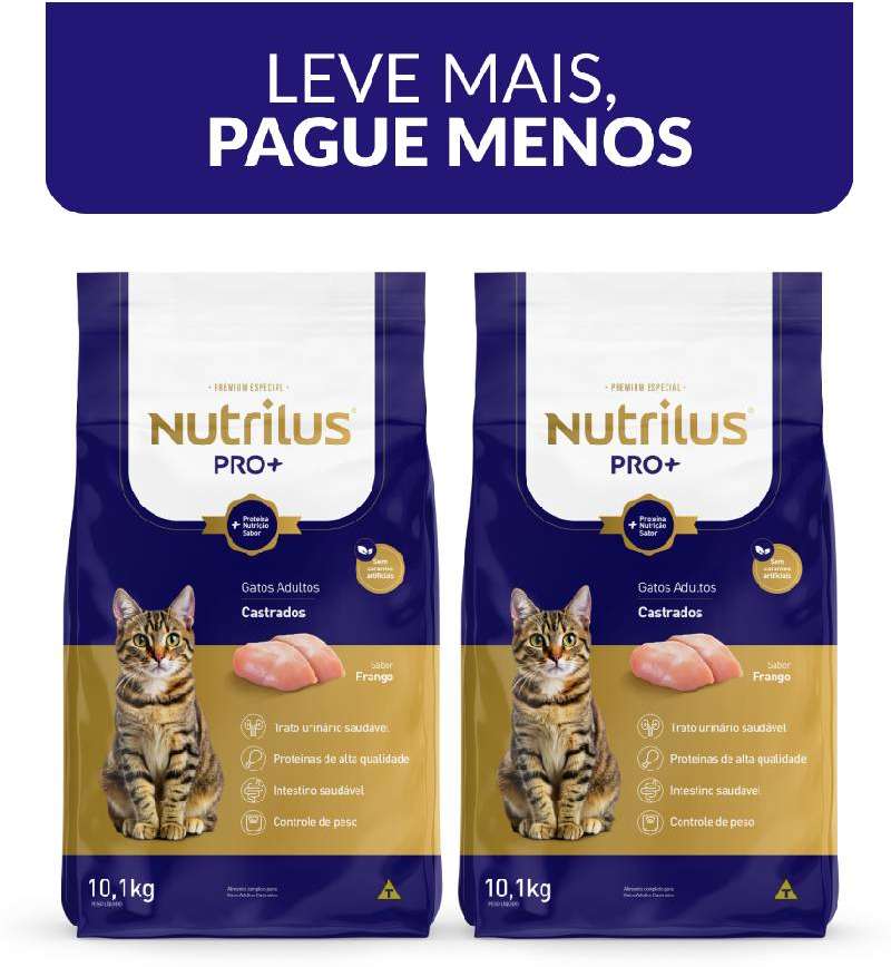 Kit Ração Nutrilus Pro+ Frango para Gatos Adultos Castrados - 20,2Kg (2 pacotes)