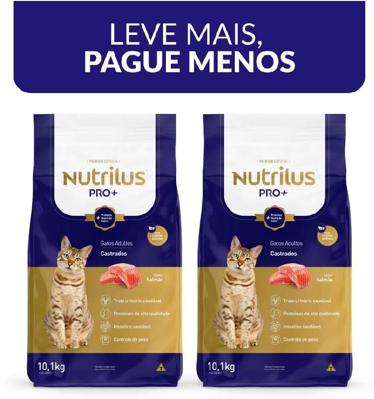 Kit Ração Nutrilus Pro+ Salmão para Gatos Adultos Castrados - 20,2Kg (2 pacotes)