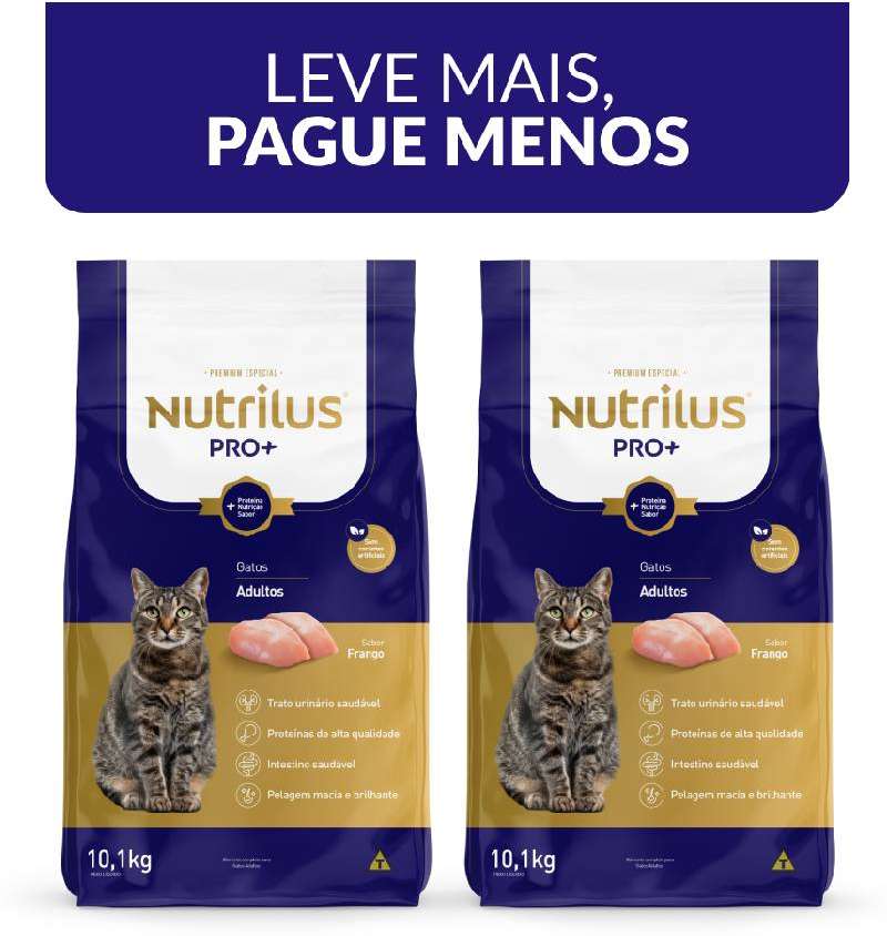 Kit Ração Nutrilus Pro+ Frango para Gatos Adultos - 20,2Kg (2 pacotes)