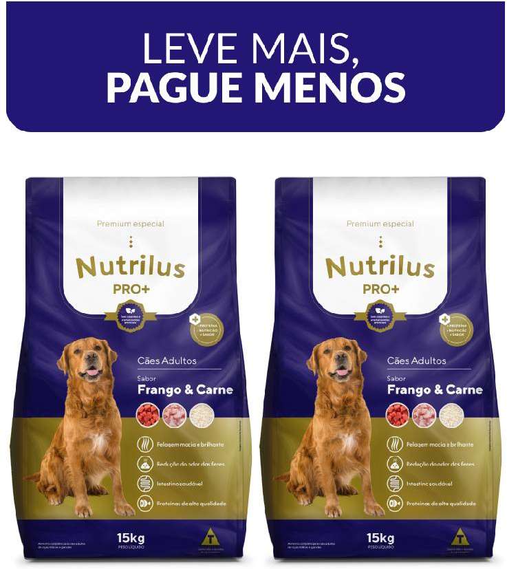 Ração Nutrilus Pro+ Frango & Carne para Cães Adultos - 30Kg (2 pacotes)