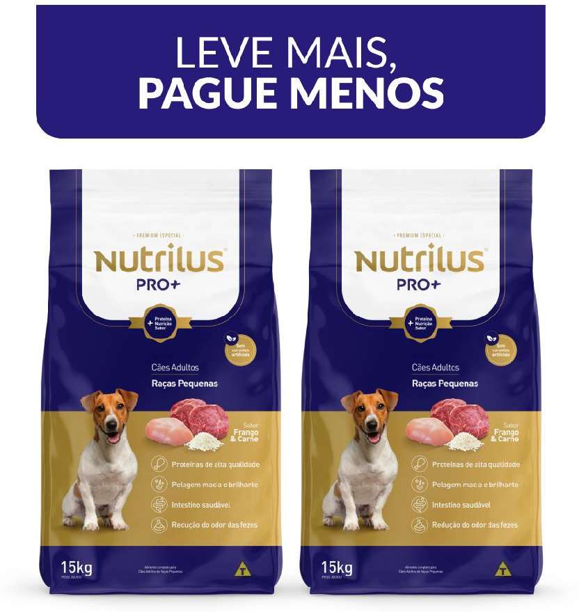 Kit Ração Nutrilus Pro+ Frango & Carne para Cães Adultos de Raças Pequenas - 30Kg (2 pacotes)