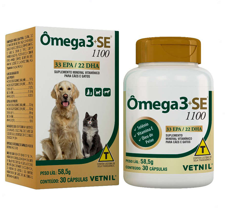 Suplemento Vitamínico Vetnil Omega 3 + SE 1100 para Cães e Gatos - 30 Cápsulas
