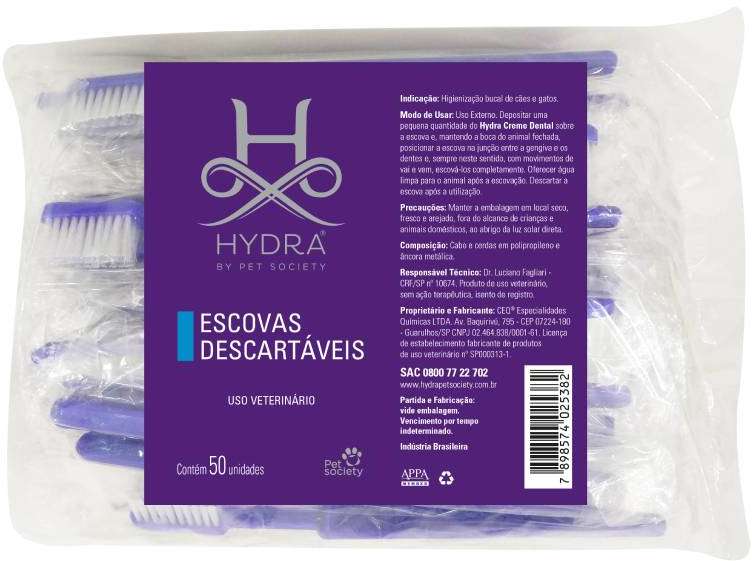 Pacote Escovas Descartáveis Pet Society Hydra - 50 Unidades