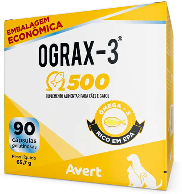 Suplemento Avert Ograx-3 500 para Cães e Gatos - 90 Cápsulas