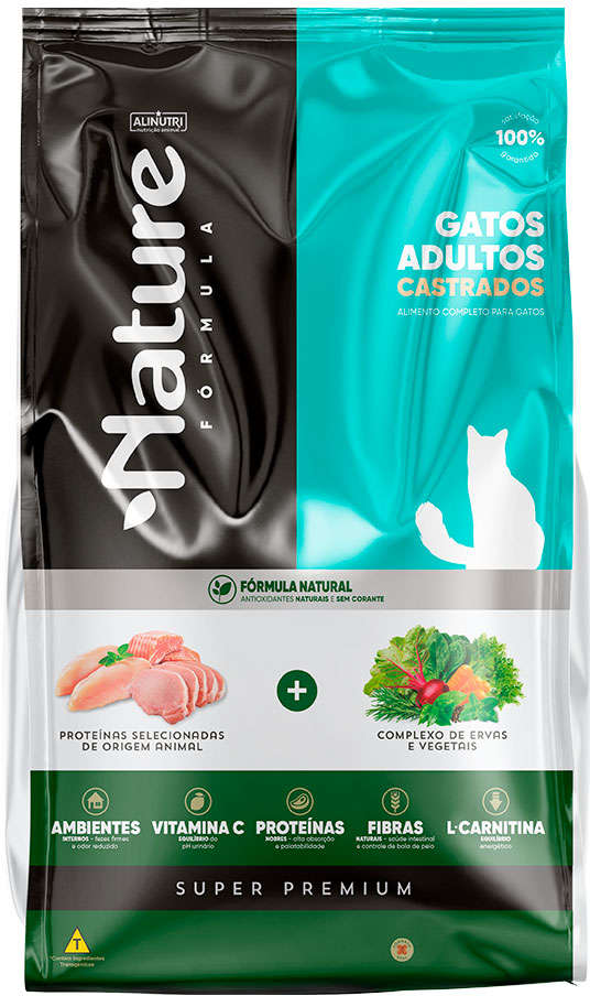 Ração Seca Alinutri Nature Fórmula Super Premium Para Gatos Adultos Castrados Sabor Proteínas Selecionadas - 10Kg
