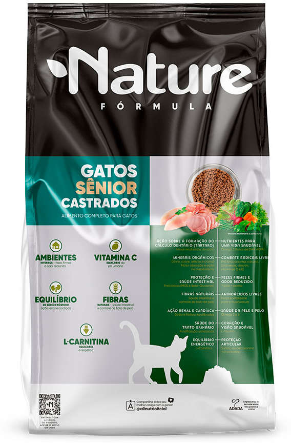 Ração Seca Alinutri Nature Fórmula Super Premium Para Gatos Sênior Castrados Sabor Proteínas Selecionadas - 10Kg
