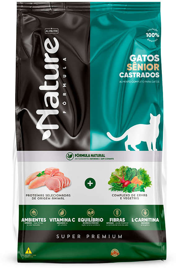 Ração Seca Alinutri Nature Fórmula Super Premium Para Gatos Sênior Castrados Sabor Proteínas Selecionadas - 10Kg