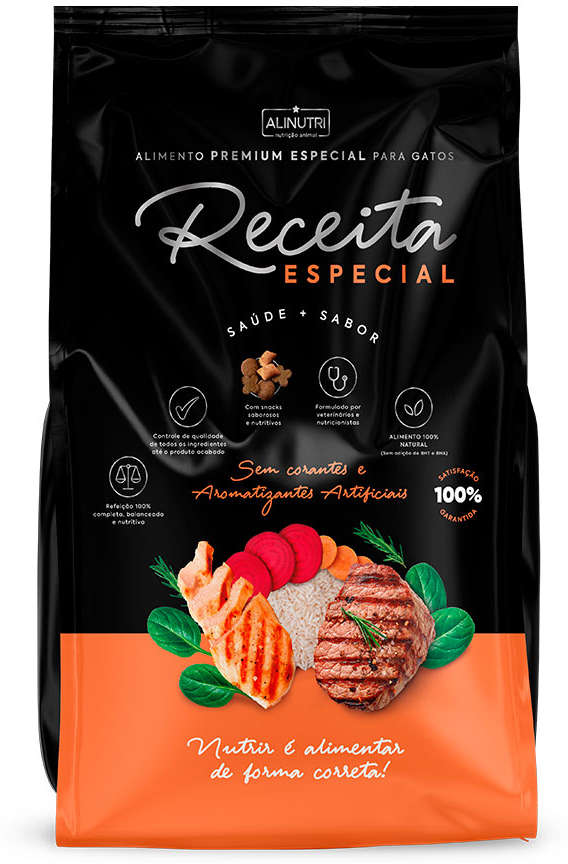 Ração Seca Alinutri Receita Especial Premium para Gatos Adultos Castrados Sabor Carne e Frango - 10Kg