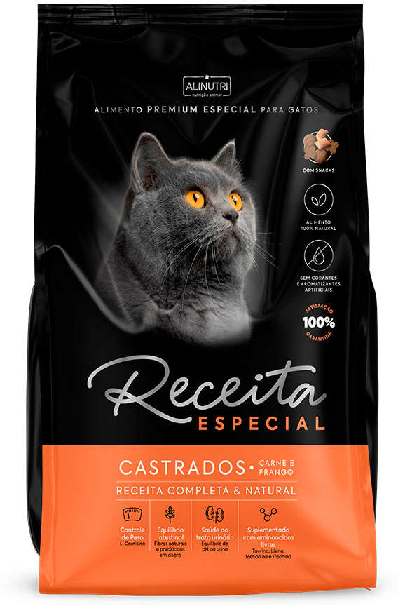 Ração Seca Alinutri Receita Especial Premium para Gatos Adultos Castrados Sabor Carne e Frango - 10Kg