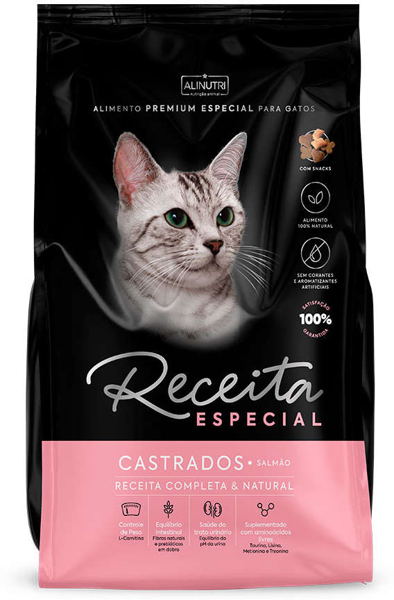 Ração Seca Alinutri Receita Especial Premium para Gatos Adultos Castrados Sabor Salmão - 20Kg