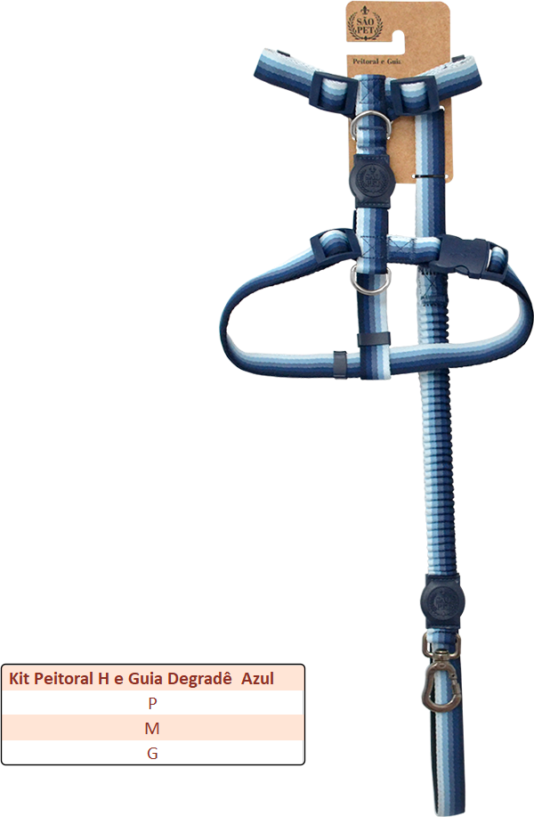 Kit Peitoral H São Pet com Guia Degradê Azul - Tam. G