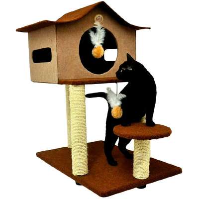Brinquedo Arranhador Casa e Pedestal Marrom e Bege