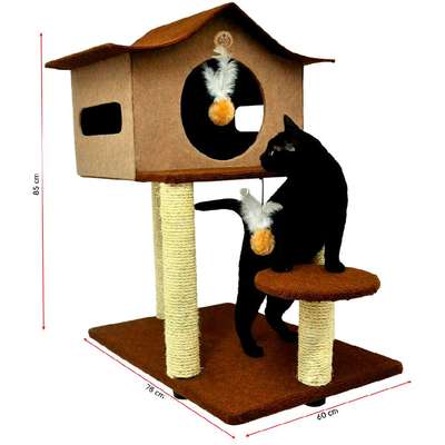 Brinquedo Arranhador Casa e Pedestal Marrom e Bege