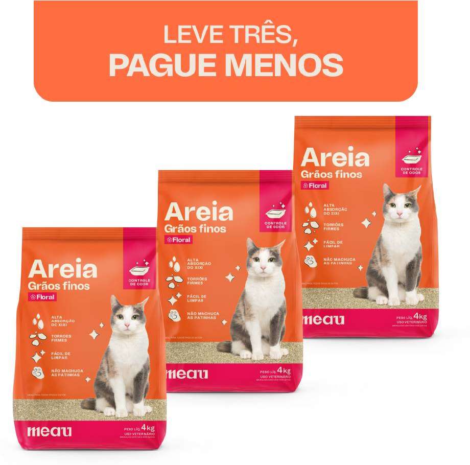 Areia Sanitária Meau Grãos Finos Perfume Floral para Gato - 12Kg (3 unidades de 4kg)