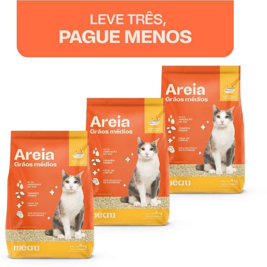 Areia Sanitária Meau Grãos Médios para Gatos - 12Kg (3 unidades de 4kg)