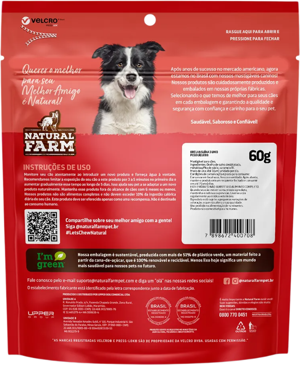 Orelha Natural Farm para Cães Sabor Suíno - 3 Unidades