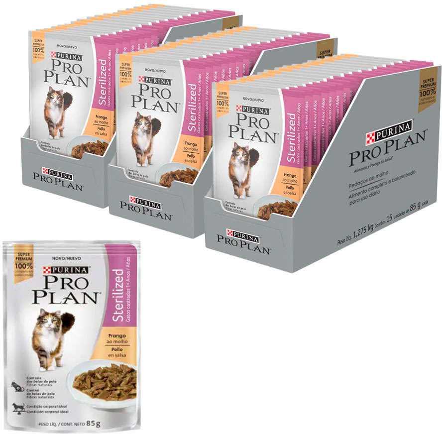 Ração Nestlé Purina Pro Plan Cat Wet Sachê Frango ao Molho Sterilized para Gatos 1+ Adultos - 85 g - 45 Unidades
