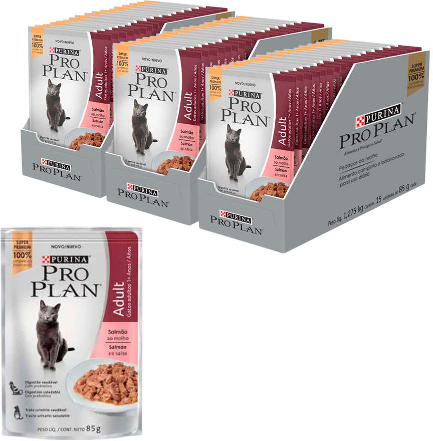 Ração Úmida Nestlé Purina Pro Plan Salmão ao Molho para Gatos Adultos - 85 g - 45 Unidades