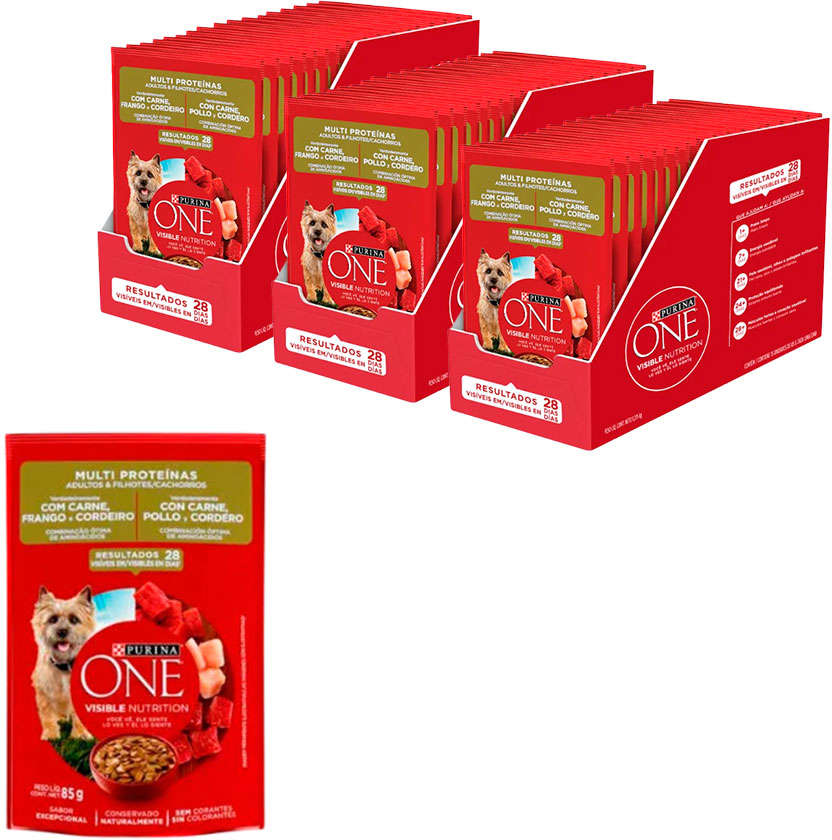 Ração Úmida Nestlé Purina One Carne, Frango e Cordeiro para Cães Adultos e Filhotes - 85 g - 45 Unidades