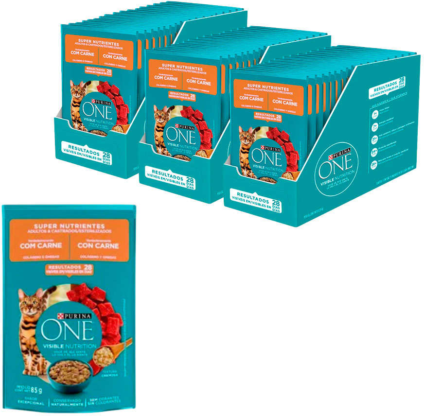Ração Úmida Nestlé Purina One Carne para Gatos Adultos e Castrados - 85 g - 45 Unidades