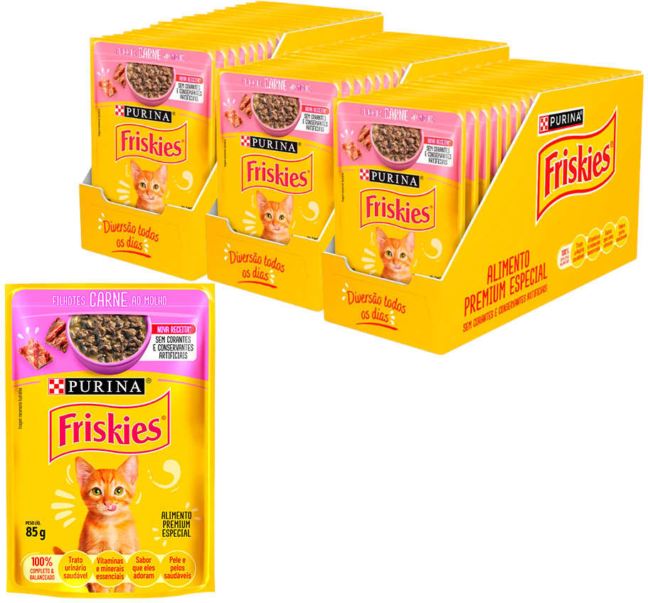 Ração Úmida Nestlé Purina Friskies Sachê Carne ao Molho para Gatos Filhotes - 85 g - 45 Unidades