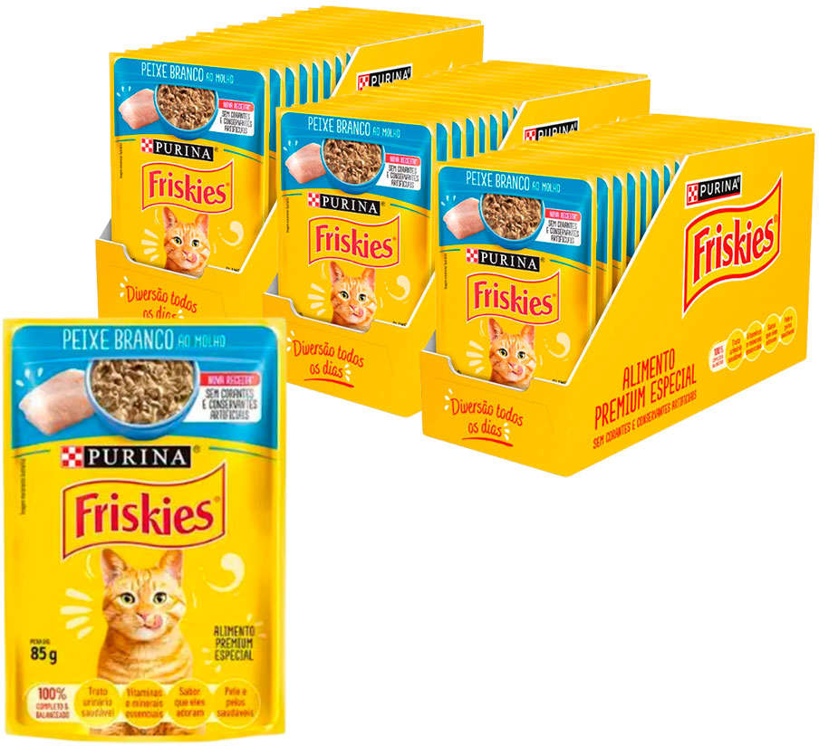 Ração Úmida Nestlé Purina Friskies Peixe Branco ao Molho para Gatos Adultos - 85 g - 45 Unidades