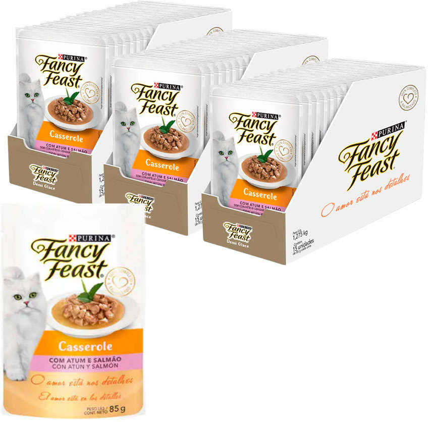 Ração Úmida Nestlé Purina Fancy Feast Sachê Casserole com Atum e Salmão para Gatos Adultos - 85 g - 45 Unidades