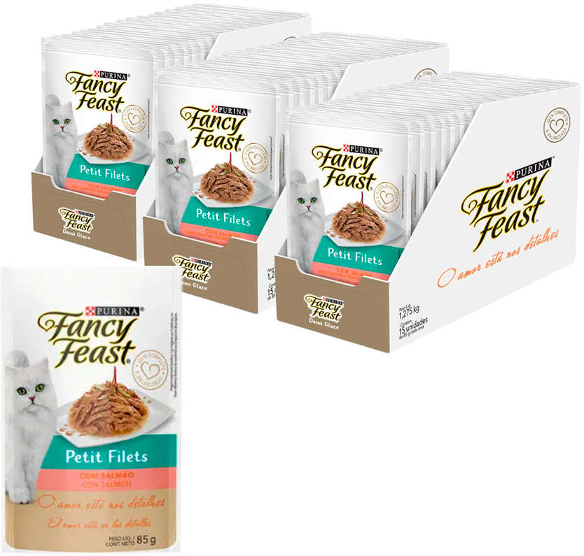 Racão Úmida Nestlé Purina Fancy Feast Sachê Petit Filets com Salmão para Gatos Adultos - 85 g - 45 Unidades