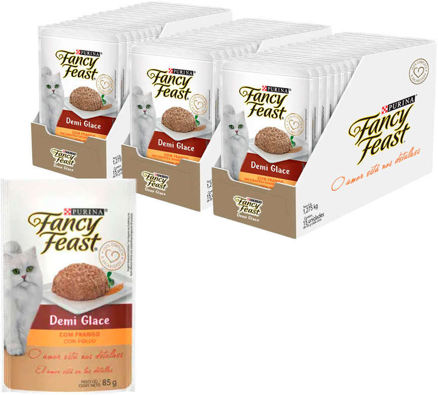 Racão Úmida Nestlé Purina Fancy Feast Sachê Demi Glace com Frango para Gatos Adultos - 85 g - 45 Unidades