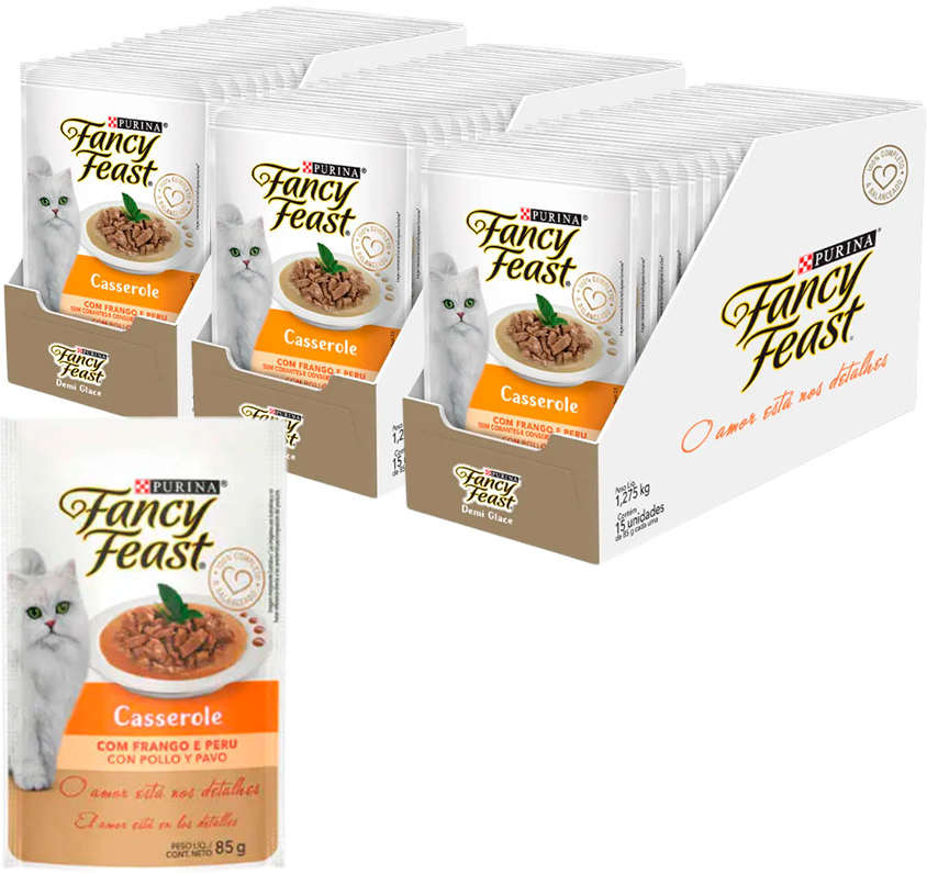 Racão Úmida Nestlé Purina Fancy Feast Sachê Casserole com Frango e Peru para Gatos Adultos - 85 g - 45 Unidades