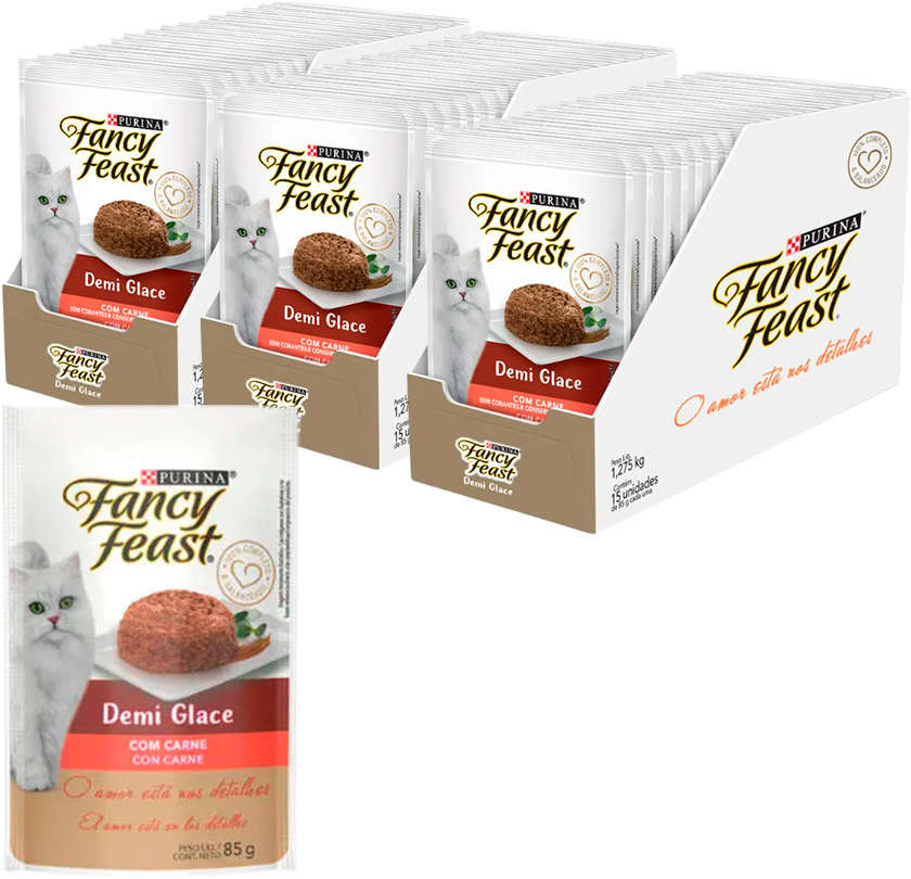 Racão Úmida Nestlé Purina Fancy Feast Sachê Demi Glace com Carne para Gatos Adultos - 85 g - 45 Unidades