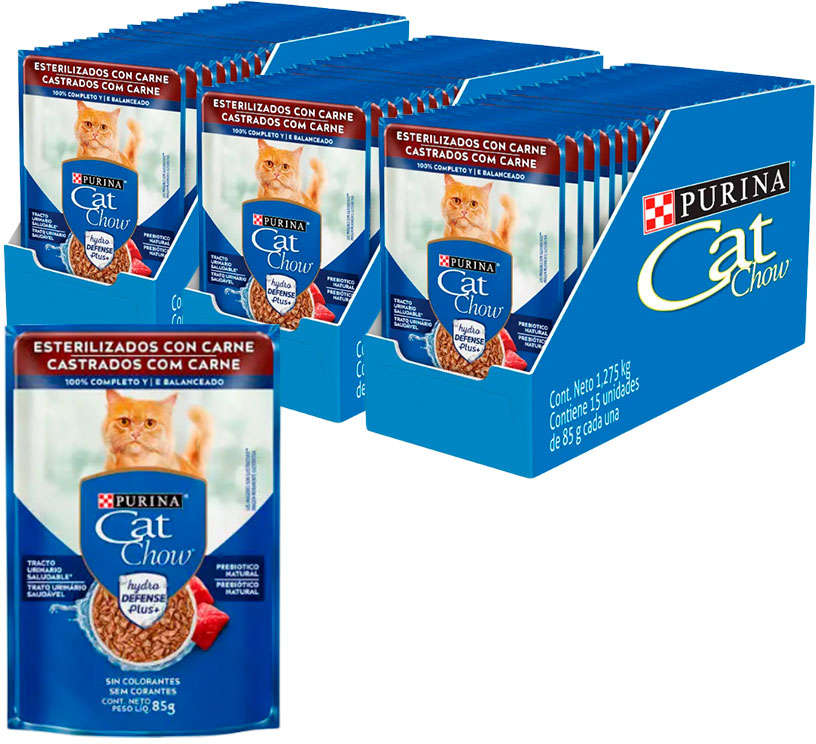 Ração Úmida Nestlé Purina Cat Chow Sachê Castrados Carne - 85 g - 45 Unidades