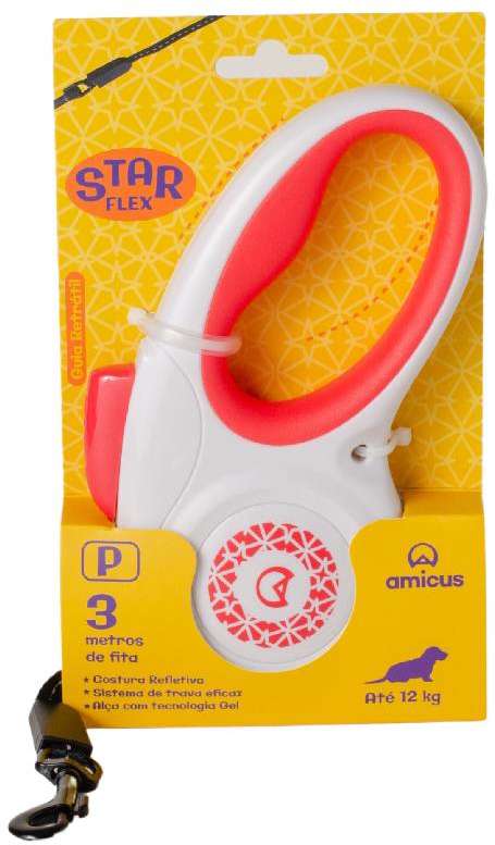 Guia Retrátil Amicus Star Flex Branco e Vermelho - Tam. P