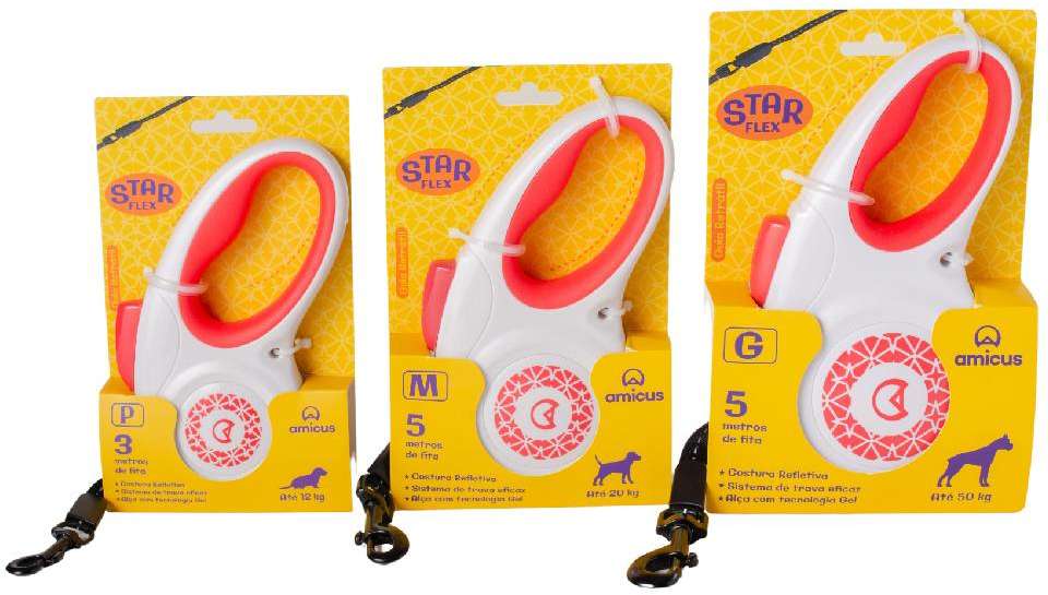 Guia Retrátil Amicus Star Flex Branco e Vermelho - Tam. P