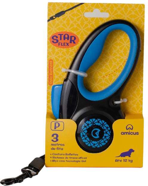 Guia Retrátil Amicus Star Flex Preto e Azul - Tam. P