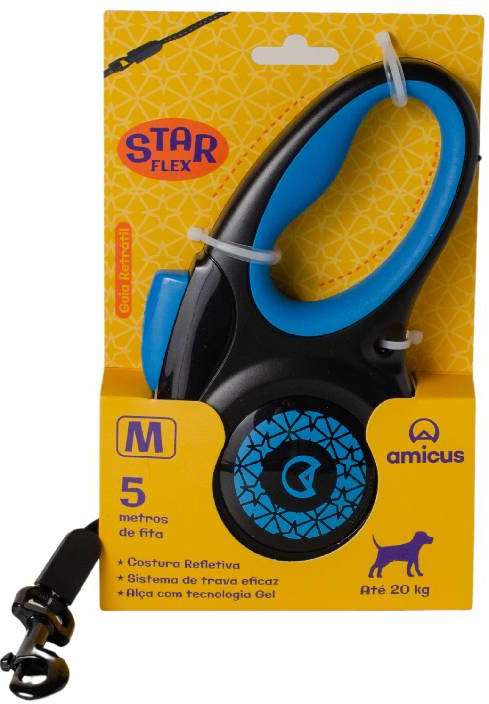 Guia Retrátil Amicus Star Flex Preto e Azul - Tam. M
