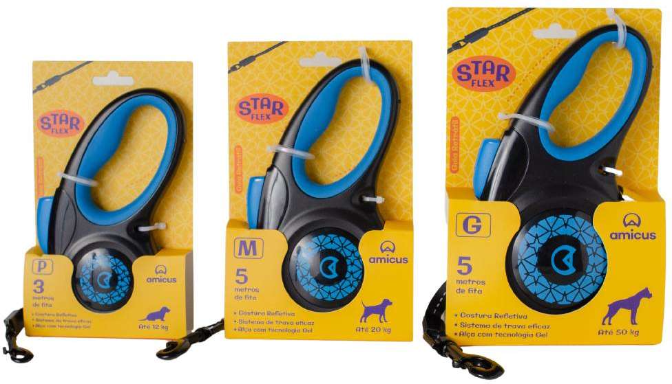Guia Retrátil Amicus Star Flex Preto e Azul - Tam. P