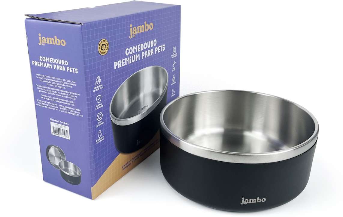 Comedouro Jambo Pet Premium Aço Inóx Preto - N. 4