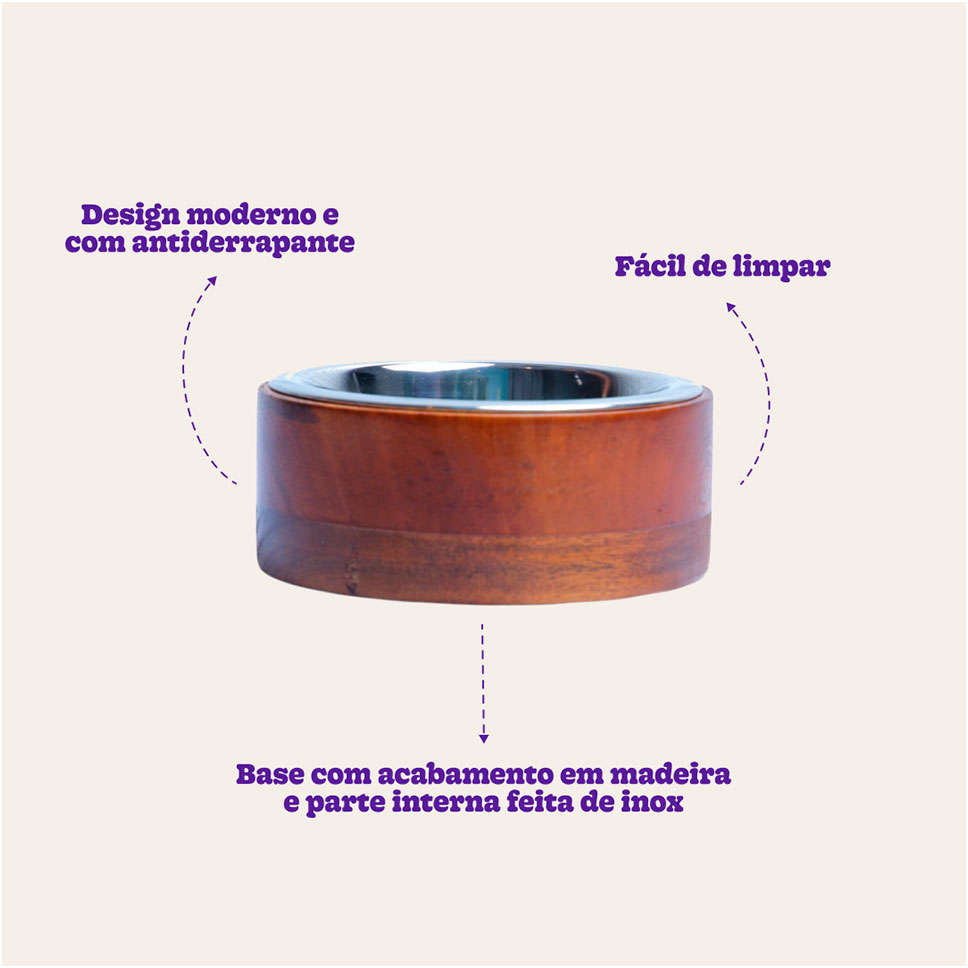 Comedouro de Inox e Madeira Meau para Cães - 380 mL