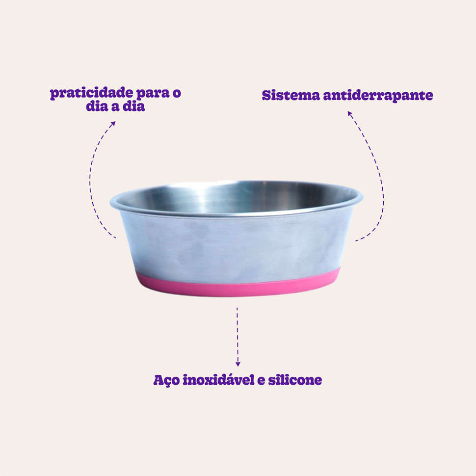 Comedouro Meau Inox Antiderrapante Rosa - 1 lItro