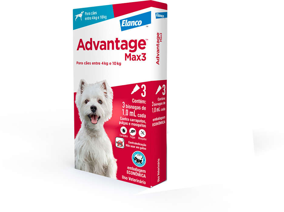 Antipulgas e Carrapatos Advantage MAX3 100 mg para Cães de 4 a 10Kg - 3 Pipetas