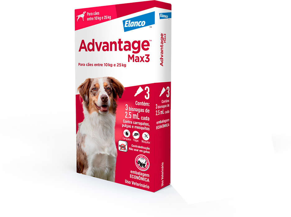 Antipulgas e Carrapatos Advantage MAX3 250 mg para Cães de 10 a 25Kg - 3 Pipetas