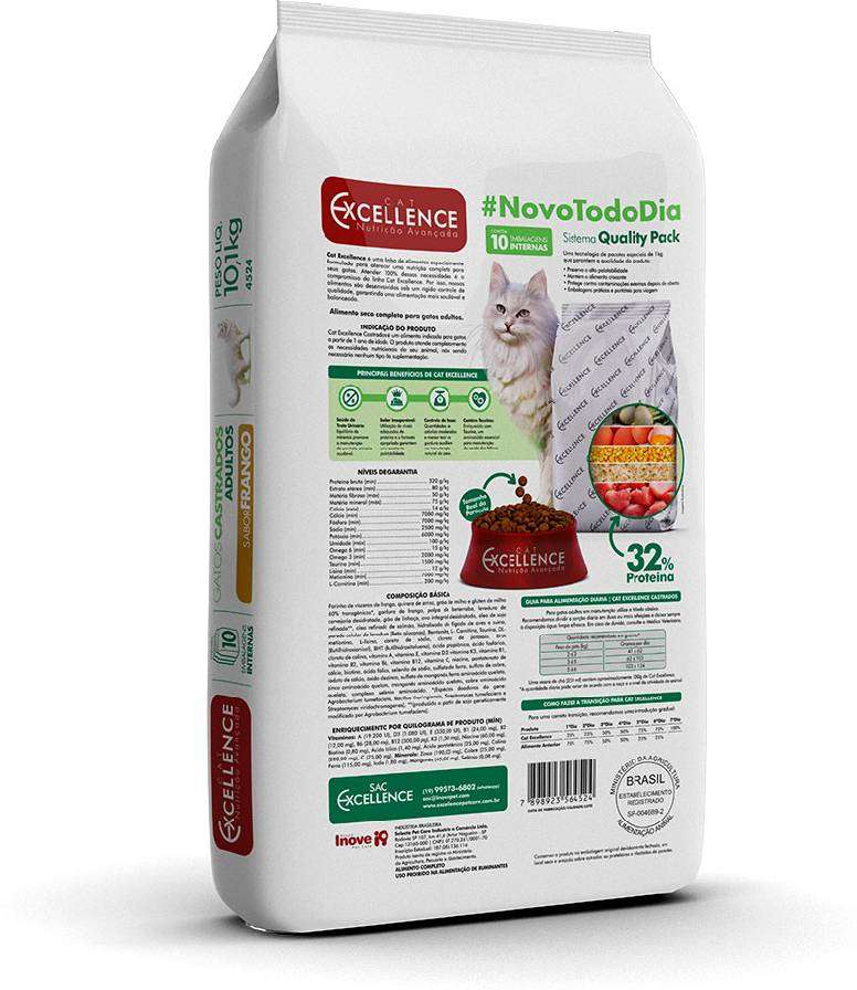 Ração Seca Cat Excellence Frango para Gatos Adultos Castrados - 10,1Kg