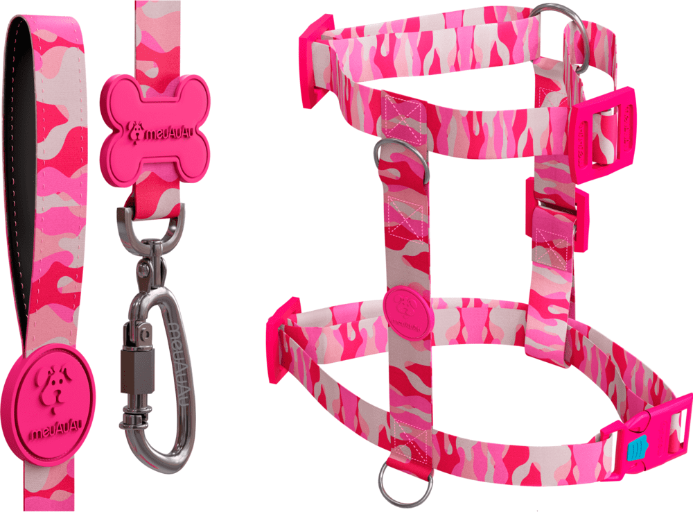 Kit meuAuAu Guia e Peitoral H Armypink para Cães - Tam. P