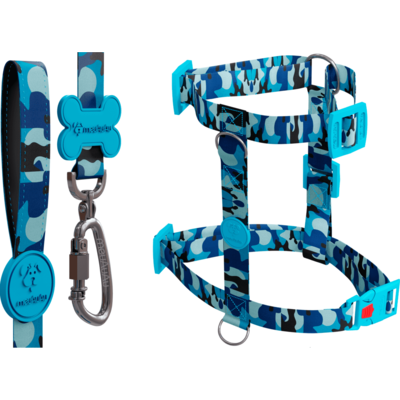 Kit meuAuAu Guia e Peitoral H Armyblue para Cães
