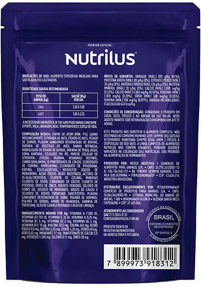 Ração Úmida Nutrilus Sabor Atum para Gatos Adultos Castrados - 85g