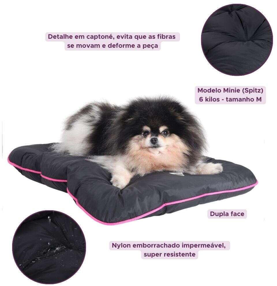 Colchonete Pickorruchos Almofadog Impermeável Preto e Rosa - Tam. M