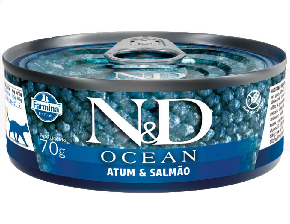 Ração Úmida Lata Farmina N&D Ocean Atum e Salmão para Gatos Adultos - 70 g