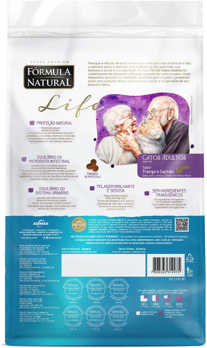 Ração Seca Fórmula Natural Life para Gatos Adultos Sabor Frango e Salmão - 10,1Kg