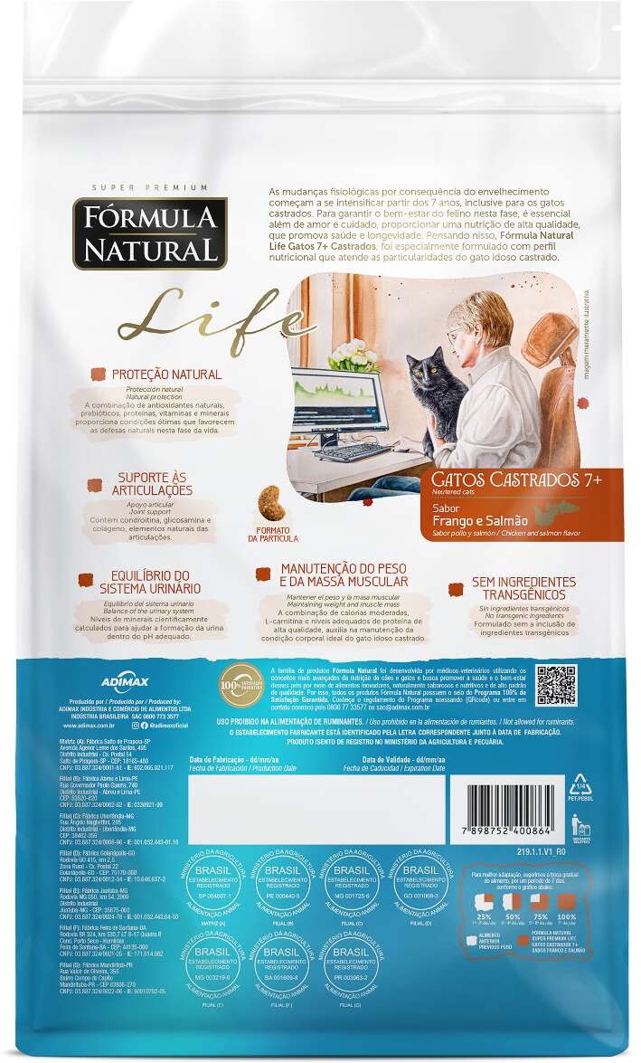Ração Seca Fórmula Natural Life para Gatos Castrados Sabor Frango e Salmão 7+ - 7Kg